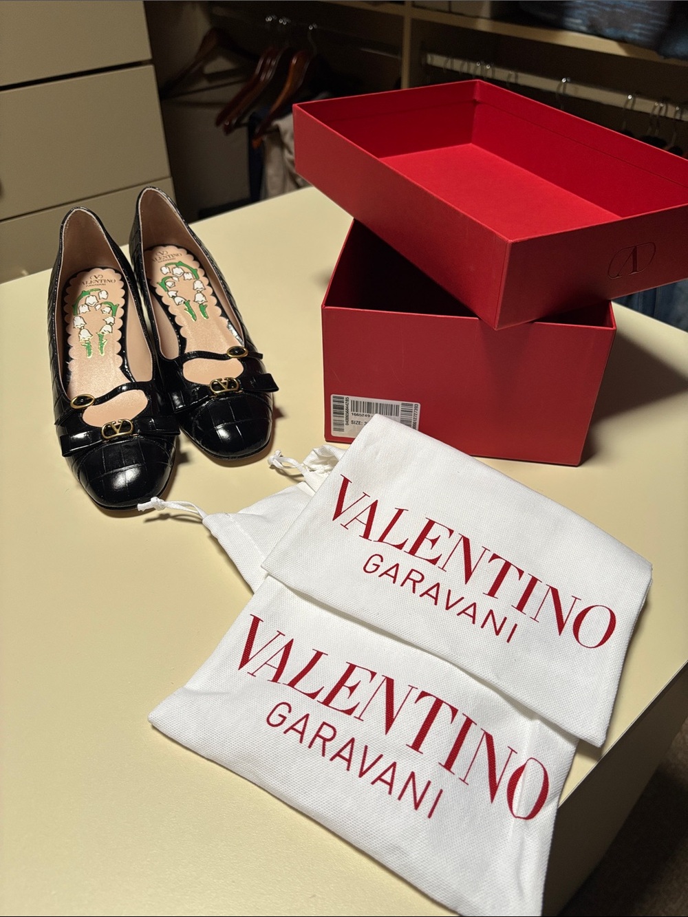 Valentino Garavani Black Patent Leather Ballet Flats with Gold Buckle